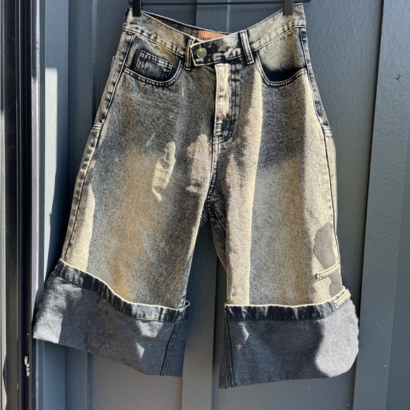 Unisex Machete Baggy Denim Shorts distressed wide-leg cuffed denim jeans size S - Picture 5 of 10